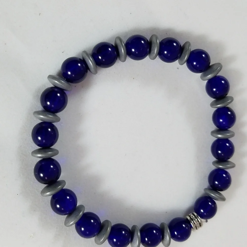 Hand Crafted Bracelet with Hematite Spacers Stretch Cobalt Blue Gray 7” Unisex